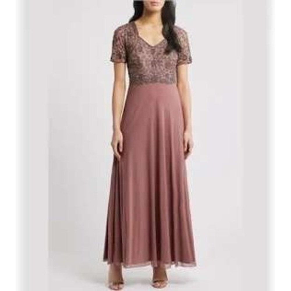 Pisarro Nights Gown Maxi Dress Mauve Pink Womens 8 Beaded Mother of Bride Gala